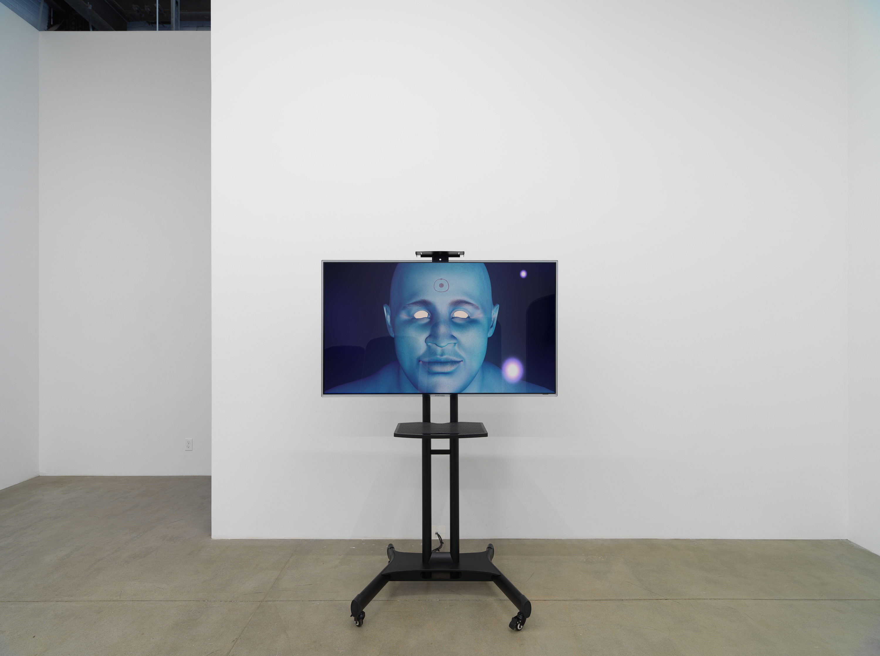 Image of a television screen showing an animated a person with blue skin