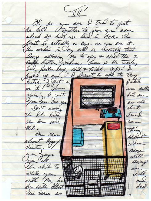 A handwritten letter on lined paper with a colored drawing of a prison cell.