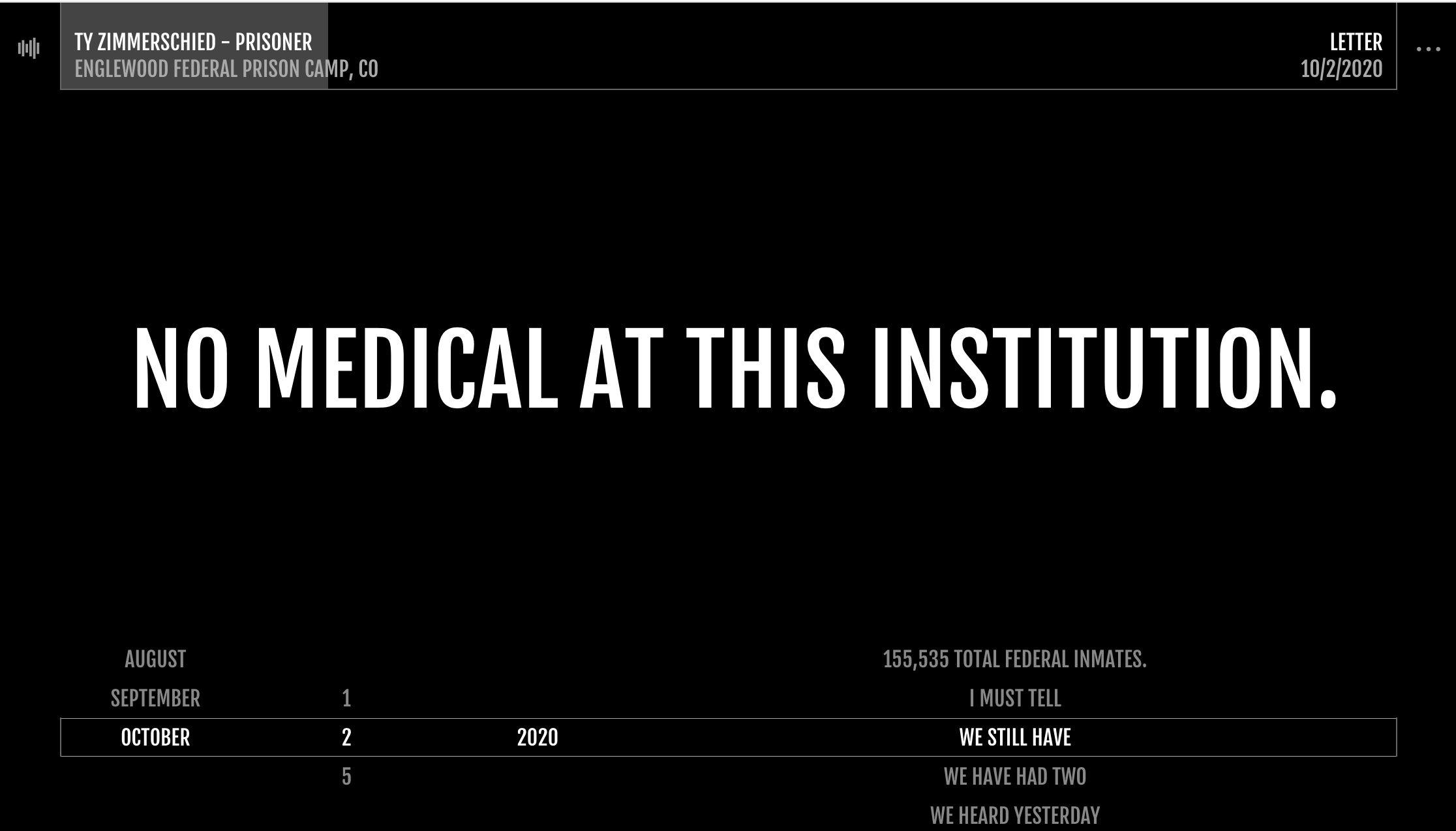 black screen of a website with white text saying 'no medical at this institution'.